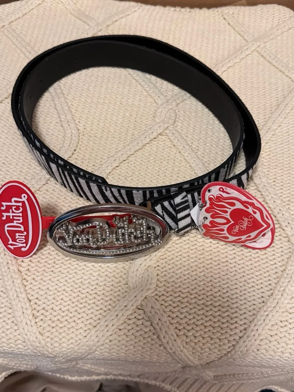 Von Dutch Black & White Zebra Belt with Red Flame Accents